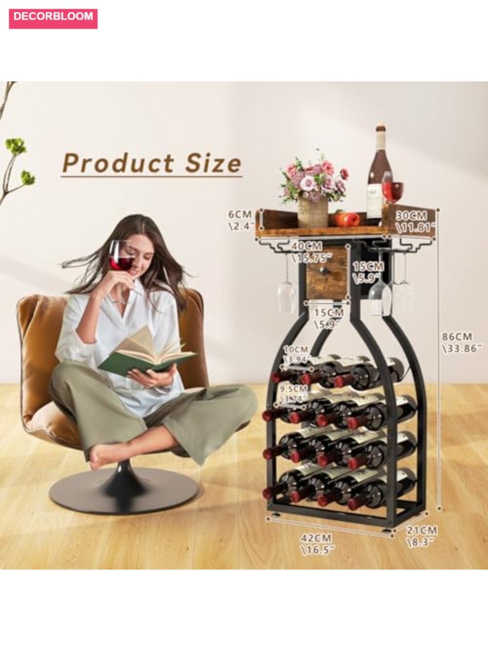Freestanding Floor Wine Rack with Storage Drawer, 15 Bottle Capacity, Glass - Picture 2 of 6